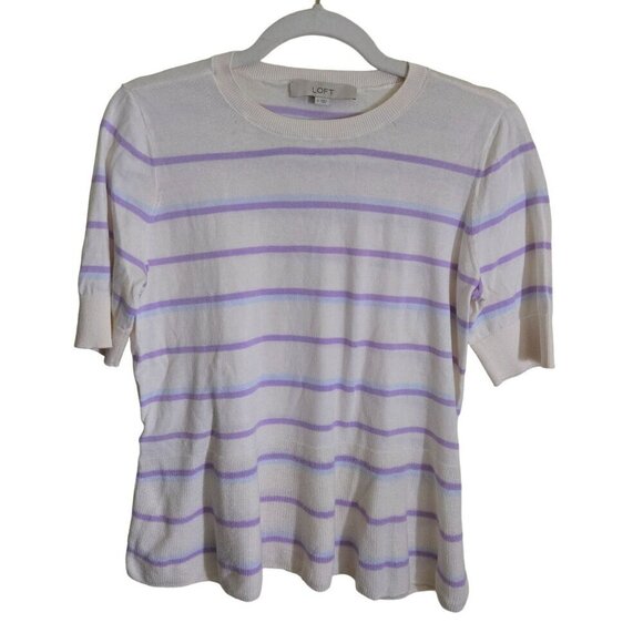 Loft 100% Cotton White Lavender Striped Peplum Sweater Size S - Picture 1 of 5